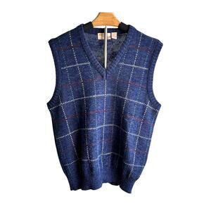 Vintage The Fox Collection Blue Plaid Wool Blend Grandpa Sweater Vest Size L‎